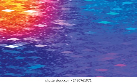 Blue mosaic background in technology concept. Abstract blue LED squares and particles. Technology digital square blue color background. Blue pixel grid background. 3d vector illustration