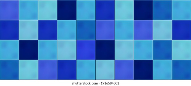 Blue Mosaic Ceramic Tiles. Modern Seamless Pattern, Square Bathroom Wall And Floor Tiles. 