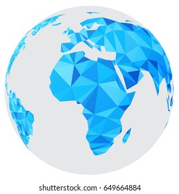 Blue mosaic geometric abstract globe on white. Vector Africa illustration. 