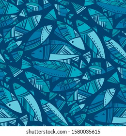 Blue mosaic Nord fish seamless pattern for background, fabric, textile, wrap, surface, web and print design. Mosaic herring decorative rapport. . 