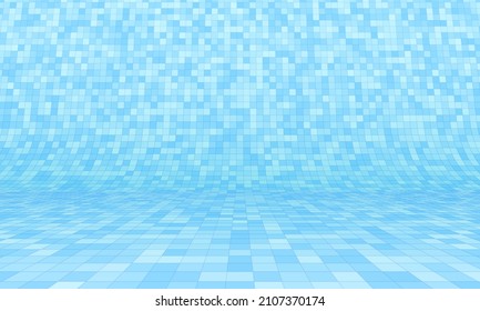 Blue Mosaic Pattern. Big Pixels on Floor and Wall. Blue Perspective Curved Grid Background. Vector Illustration.