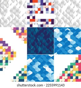 Blue mosaic pattern with a mosaic color gradient vector illustration suitable for use in design projects; includes a color sample of a pixel landscape
