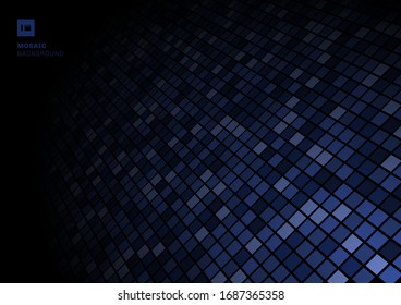 Blue mosaic pixel pattern on fade out on black background texture. Squares shapes repeating random color tile floor. Vector illustration