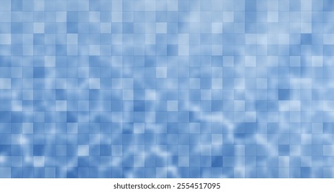 Blue mosaic with square tiles in various shades and water light reflections. Swimming pool wall or floor simple pattern. Bathrooms or kitchens interior backdrop. Indoor ceramic blocks surface.