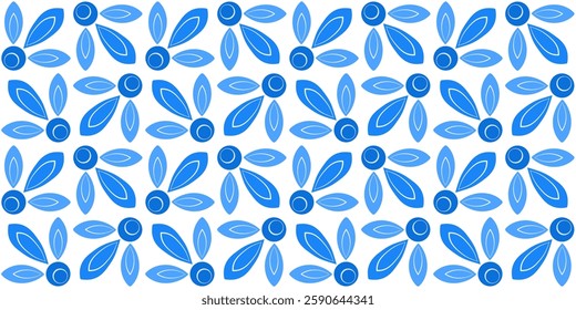 Blue mosaic tile seamless pattern. Shades of blue flowers on white background. Folklore plant background of square elements. Ornament for wallpaper, textile, web design, etc.