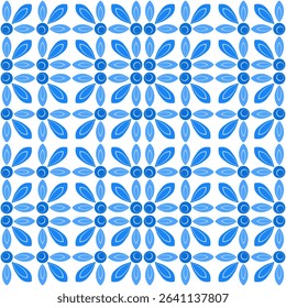 Blue mosaic tile seamless pattern. Shades of blue flowers on white background. Folklore plant background of square elements. Ornament for wallpaper, textile, web design, etc.