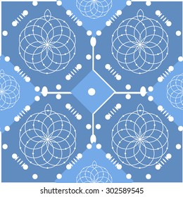 Blue mosaic tiles vector pattern with mandalas