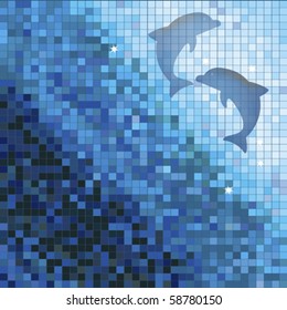blue mosaic with two dolphins