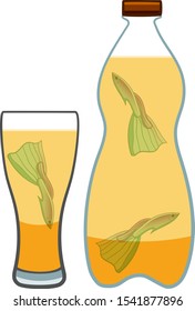 Blue Moscow Guppy fishes inside of bottle and glass of beer