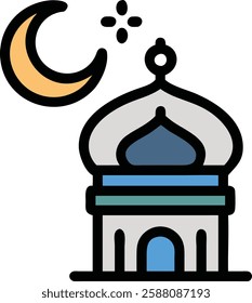 Blue mosque with crescent moon, representing Ramadan and Islamic devotion.