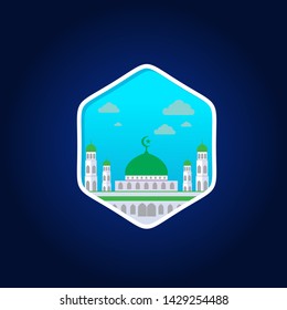 Blue mosque emblem vector illustration. Islamic ramadhan and eid mubarak banner 