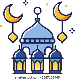 Blue mosque with hanging lanterns and crescent representing Ramadan festivity.