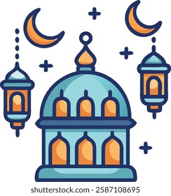 Blue mosque with hanging lanterns symbolizing Ramadan joy and devotion.