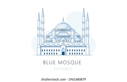 Blue mosque, Istambul. The famous landmark of Istanbul, tourists attraction place, skyline vector illustration, line graphics for web pages, mobile apps and polygraphy. 
