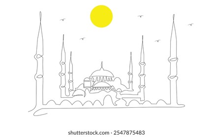 Blue Mosque Istanbul - One-Line Drawing of the Iconic Sultan Ahmed Mosque - Modern Continuous Line Art Illustration of a Famous Landmark in Turkey, Travel, Tourism, and Architectural Design Projects.