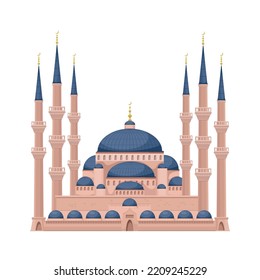 Blue Mosque in Istanbul, travel to Turkey vector illustration. Cartoon isolated Turkish islamic landmark and tourists attraction, old Ottoman palace with silhouettes of minarets, gate and towers