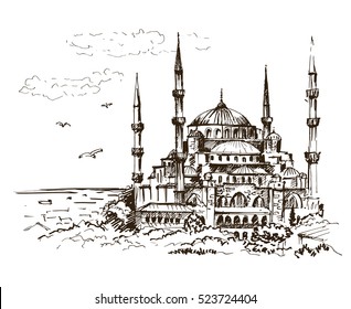 Blue Mosque, Istanbul, Turkey. Sketch, Vector Illustration.