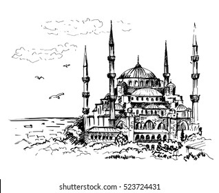 Blue Mosque, Istanbul, Turkey. Sketch, vector illustration.