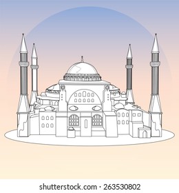 Blue Mosque, Istanbul, Turkey. Vector, linear.