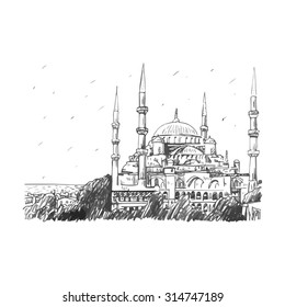 Blue Mosque, Istanbul, Turkey. Vector freehand pencil sketch.