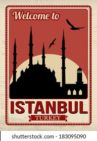 Blue mosque from Istanbul in vintage style poster, vector illustration