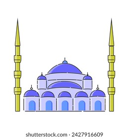 Blue mosque and minaret vector illustration. Simple and minimalist Islamic greeting vector design. 