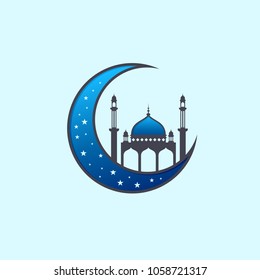 Blue Mosque And Moon, Design Template For Ramadan Kareem And Islamic Fest