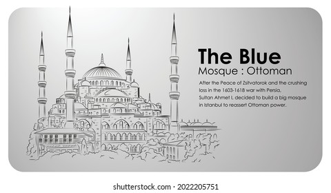 The Blue Mosque. Ottoman era mosque. Drawing vector design.