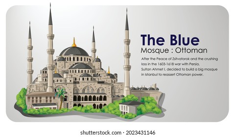 The Blue Mosque. Ottoman era mosque. Drawing vector color design.