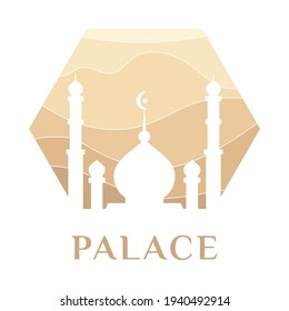 Blue Mosque palace Logo icon arabic islamic vector.Sign ramadan quran silhouette muslim tower architecture dome.Arabian agency real estate.Template Vector Emblem desert wavy line background in hexagon