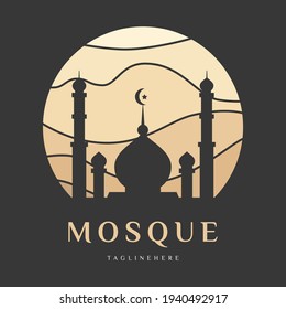 Blue Mosque palace Logo icon arabic islamic vector.Sign ramadan quran silhouette muslim tower architecture dome.Arabian agency real estate.Template Vector Emblem desert wavy lines background in circle