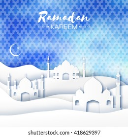 Blue Mosque Ramadan Kareem Greeting card with arabic arabesque pattern. Origami Desert landscape. Crescent Moon. Holy month of muslim. Symbol of Islam. Applique Design Vector illustration.