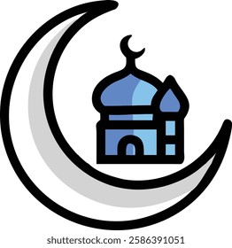 Blue mosque silhouette with crescent moon symbolizing Ramadan prayers and fasting.