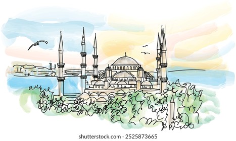 The Blue Mosque or Sultan Ahmet Mosque of Istanbul Turkey, vector illustration