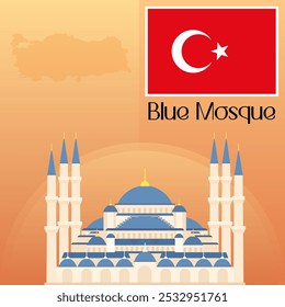Blue Mosque Vector Illustration Clipart, World Famous Places Art, The Most Beautiful Mosque in the World, Turkey Map And Flag Vector Art