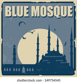 Blue Mosque vintage grunge poster, vector illustration