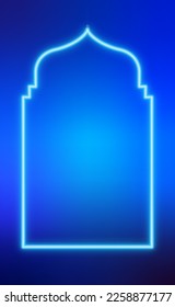 Blue mosque window frame in neon style. Glowing neon banner for decoration and covering. Traditional Islamic holidays Ramadan Kareem, Eid Mubarak.