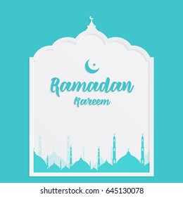 Blue Mosque Window. Origami Ramadan Kareem Greeting card with arabic arabesque pattern. Holy month of muslim. Crescent Moon. Symbol of Islam. Applique Design Vector illustration eps 10.