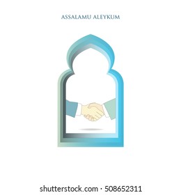Blue Mosque Window Ramadan Kareem Greeting card with handshakes and Assalamu aleykum. Applique Origami Vector illustration.