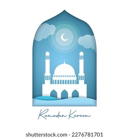 Blue mosque windows and arches with modern boho design, moon, mosque dome and wavy shape. Holy month of muslim.