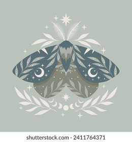Blue moth vector illustration. Magic moon, occult, print, poster.