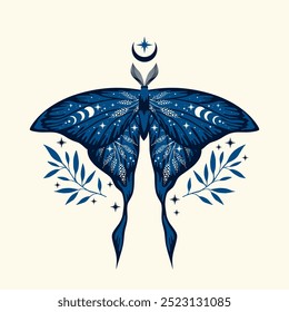 Blue moth vector illustration. Magic moon, occult, print, poster, tattoo.