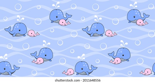 Blue mother whale and pink baby whale on a blue background with waves and bubbles. Endless texture with cute whales. Vector seamless pattern for wrapping paper, packaging, wrapper and  surface texture