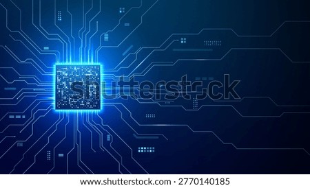 Blue motherboard with luminous AI processor and thin circuit lines. Digital technology illustration with innovation and data processing concept.
