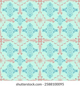 The blue motifs filigree,elements form interlocking borders and central floral-like shapes. The background is a pale mint green,of traditional tiles, wallpaper, or textile patterns,