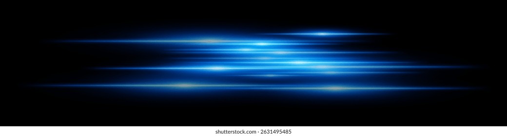 Blaue Bewegungsstreifen. Unscharf leuchtende Linien mit weichem Licht platzen auf schwarzem Hintergrund und erzeugen eine Illusion von Bewegung und Tiefe. Ideal für Geschwindigkeit, Science-Fiction, Technik, Energie.
