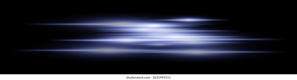 Blue motion streaks. Blurred glowing lines with soft light burst on black background, creating illusion of movement and depth. Ideal for speed, sci-fi, tech, energy effects.