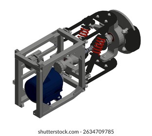 A blue motor is inside a gray box. The motor is surrounded by springs. The springs are red