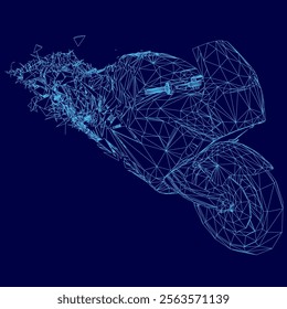 Blue motorcycle with a blue background. The motorcycle is in motion and he is flying through the air