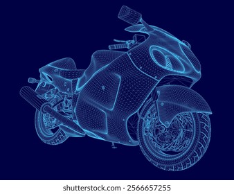 Blue motorcycle with a blue background. The motorcycle is shown in a 3D format. Concept of motion and excitement, as if the motorcycle is about to take off